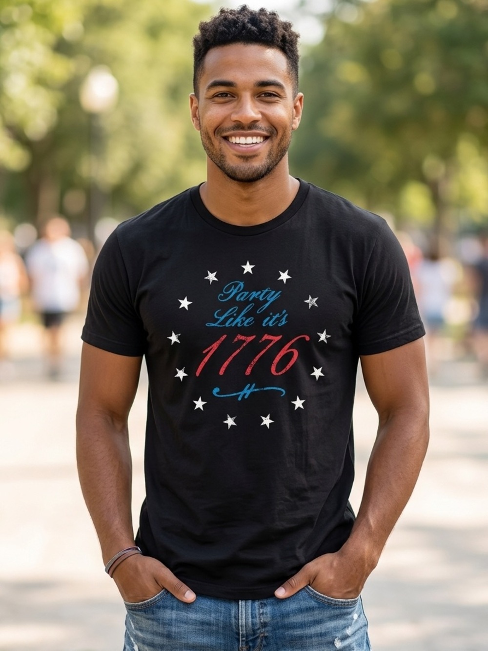 Celebrate It Black Short-Sleeve Graphic Tee with Red, Blue and White Accents